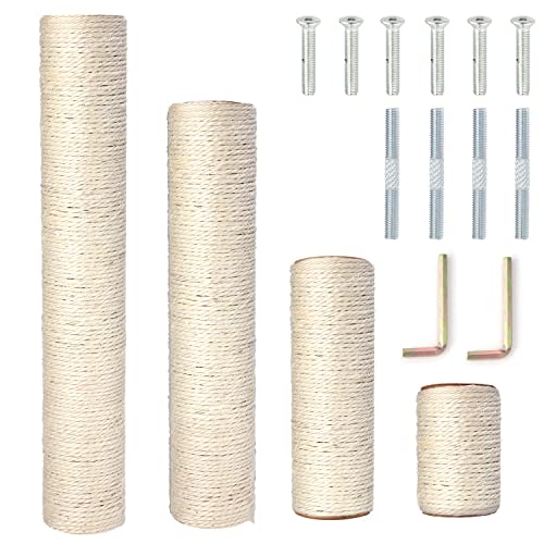 PowerKing Natural Sisal Replacement Scratching Post, 4 Pieces M8 Cat Scratch Post Refill Pole Parts for Refurbishment, White, Include Screws, White, 15.74''+11.88''+7.87''+3.93'' - color: White, size: 15.7''+11.8''+7.87''+3.93'' (2.67''Thick)
