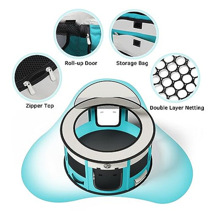Dog Playpen Puppy Play Pen Indoors Pet Crate Small Dog Cage Portable Foldable Cat Kennel for Kitten Hamster Rabbit Bunny Guinea Pig with Collapsible Food Bowl Carrying Case - color: Cyan, style: M