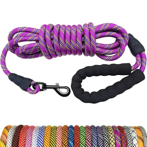 Heavy Duty Rope Dog Leash, 6/8/10/15/20/30 FT Long Dog Leash Nylon Pet Lead, Soft Padded Handle Thick Lead Leashes for Large Medium Dogs Training (15ft * 1/2", Purple) - color: purple, size: 1/2" * 15'