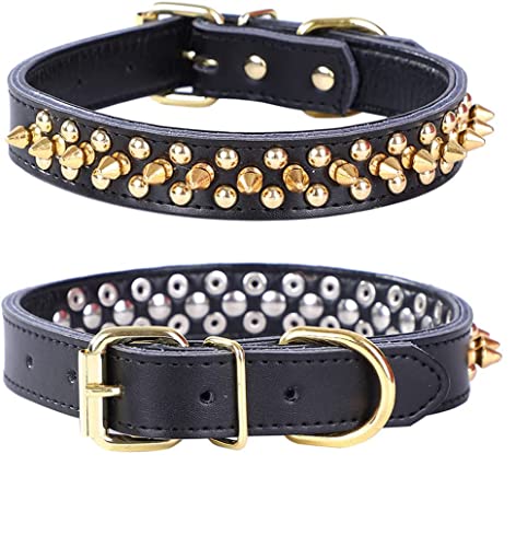Spiked Studded Dog Collar, Genuine Leather Dog Collar, Adjustable Pet Collars for Small or Medium Pet (S, Black-1) - color: Black-1, size: S