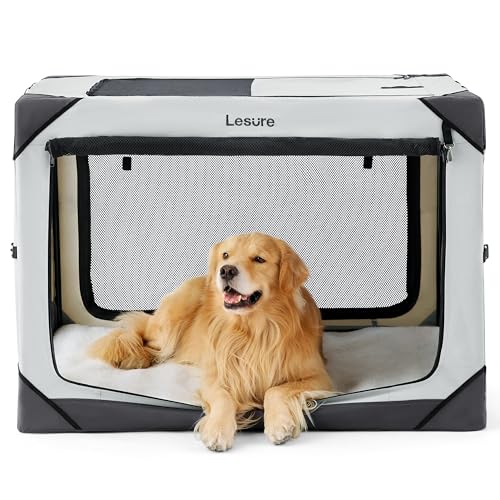 Lesure Collapsible Dog Crate - Portable Travel Kennel for Extra Large Dog, 4-Door Pet Crate with Mesh Windows, Indoor & Outdoor, Light Gray - color: Light Grey, size: 42.0"L x 28.0"W x 30.0"H
