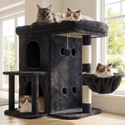 Heybly Cat Tree, 25.6-inch Cat Tower with Spacious Top Perch for Large Cats, Stair-Style Cat House Furniture with Dual-Layer Condos, Sisal Scratching Posts, Cozy Basket & Pompom, Smoky Gray HCT204SG - color: Smoky Gray, size: 25.6 inch