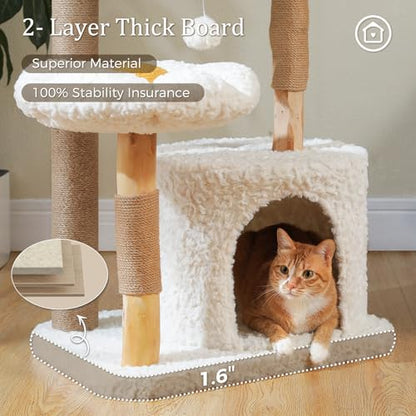 PETEPELA Modern Cat Tree Tower for Indoor Large Cats w/Removable Flower Perch, Real Solid Wood Cat Scratching Posts, Boho Ratten Cat Furniture w/Cozy Condo & Wicker Basket Bed, White - color: Cloud White