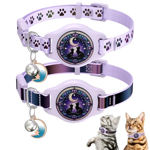 Cat Collar with Airtag Holder, 2 Pack Waterproof Breakaway Kitten Collar for Apple AirTag GPS Tracker, Adjustable Cat Collar with Buckle, Bell & Reflective Pattern for Cats, Kittens, Purple (8-11") - color: Purple