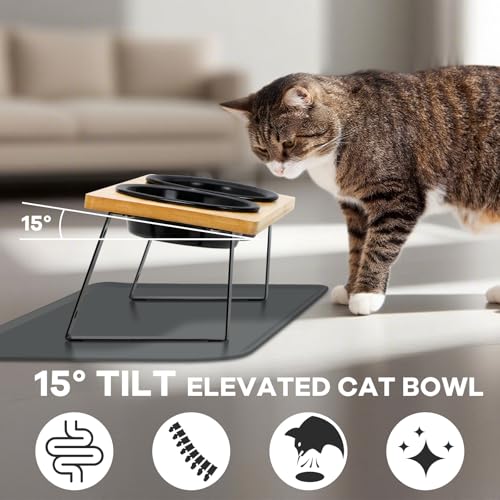 LEAWALK Upgraded Adjustable Height Cat Food Bowls Stand Ceramic Dog Bowls and Slow Feeder Cat Bowl, 15°Tilted Stand Anti Vomiting Raised for Small and Medium Sized Cats Dogs (Black (2 Bowl+Pet mat)) - color: Black ( 2 Bowl+Pet mat)