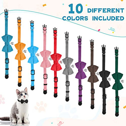 Yahenda 10 Pieces Cat Bowtie Collars with Bell Solid Colors Kitten Bow Breakaway Cat Bowtie for Boys Girls Adjustable Pet Collar with Safety Buckle Kitten Puppy Pet Accessories