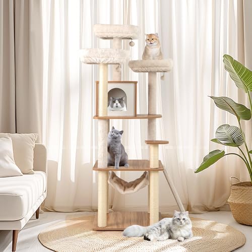 Tangkula Tall Cat Tree, 68 Inch Modern Wood Cat Tower with Sisal Scratching Posts, 3 Padded Perches, Condo, 2-in-1 Ladder, Dangling Balls, Washable Cushions for Indoor Cats Large Adult (Natural)