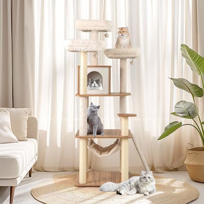 Tangkula Tall Cat Tree, 68 Inch Modern Wood Cat Tower with Sisal Scratching Posts, 3 Padded Perches, Condo, 2-in-1 Ladder, Dangling Balls, Washable Cushions for Indoor Cats Large Adult (Natural)