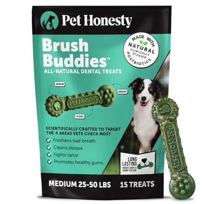 Pet Honesty Brush Buddies All Natural Dog Dental Treats for Dogs – Long Lasting Dental Sticks for Dogs, Teeth Cleaner, Breath Freshener, Plaque & Tartar Remover – Medium Sized Dogs (15 Count) - size: Medium Dog - 15 Count