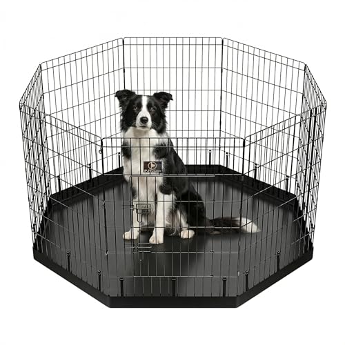 PJYuCien Dog Playpen with Bottom Pad - Metal Foldable Exercise Pen, 8 Panels 36" H x 24" W Indoor Outdoor Pet Fence Puppy Crate Kennel, Black - color: Black, size: Med / Large Pen: 36-Inch High