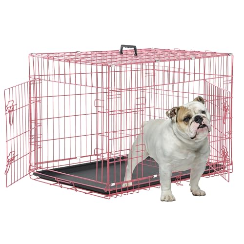 30 Inch Dog Crate, Puppy Crates for Small Dogs, Folding Metal Wire Dog Cage for Medium Dogs, Dog Crate with Double-Door/Tray/Handle, Dog Kennel Outdoor/Indoor Pet Crates for Small Medium Dogs(Pink) - color: Pink, size: 30.0"L x 18.0"W x 20.0"H