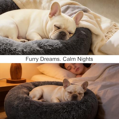 Dog Calming Beds for Small Medium Large Dogs - Round Donut Washable Puppy Dog Bed, Anti-Slip Faux Fur Fluffy Donut Cuddle Anxiety Cat Pet Bed(20" Dark Grey) - color: Dark Grey, size: 20"L x 20"W x 8"Th