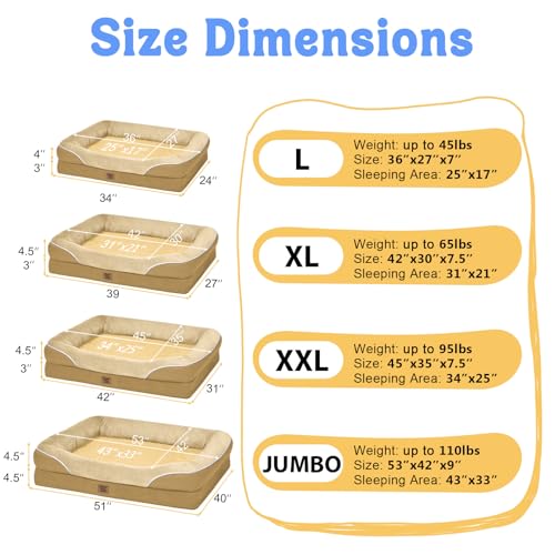 Washable Orthopedic Large Dog Bed - Big Dog Beds with Removable Waterproof Cover and Non-Slip Bottom XL Large Pet Bed with Bolster Extra Large Dogs Bed - color: Brown, size: Large (36"L x 27"W x 7"Th)