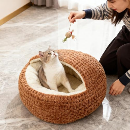 Hooded Calming Cat Cave - Hooded Kitten Bed, Cat Tent for Home Bedroom Balcony, Pet Bed with Thick Padding, Pet Sleeping House, Cave Cushion for Indoor Shelter Living Room Apartment - color: Dark Coffee