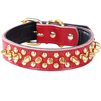 Spiked Studded Dog Collar, Soft Genuine Leather Dog Collar, Adjustable Dog Collars for Small Medium Large Dogs Breeds Pit Bull (S fit Neck 10.5-13", Red) - color: Red, size: S fit Neck 10.5-13"