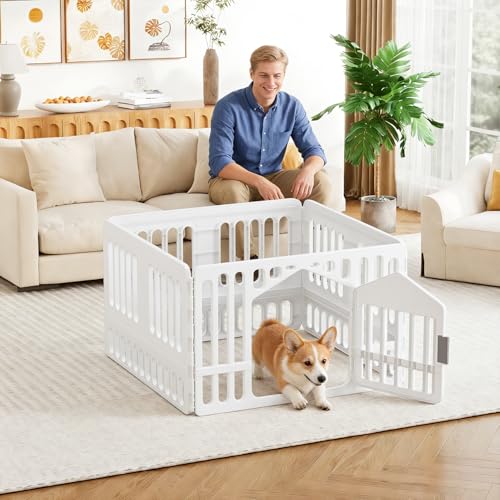 FDW Dog Playpen with Door, 24 Inch Puppy Play Pen for Small Dogs, Indoor Outdoor Plastic Pet Fence, Secure Locking Gate Pen, 38" L x 38" W x 24" H, White (4 Panels) - size: 4 Panels