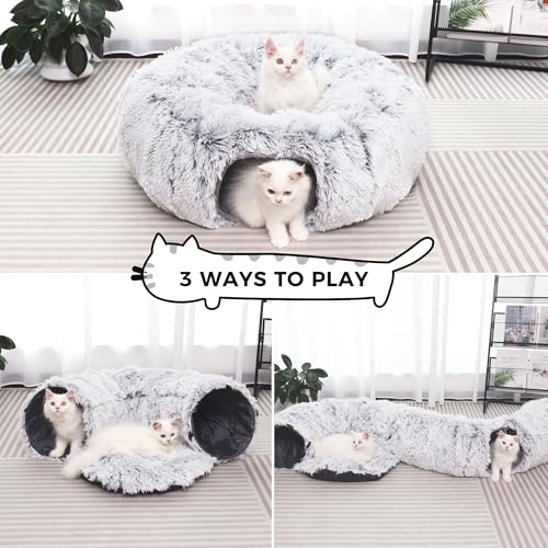 Plush Cat Tunnel with Cat Bed for Indoor Cats, Multifunctional Cat Donut Tunnel for Small Medium Large Cats Kitten Rabbit Puppies (Grey)