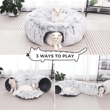Plush Cat Tunnel with Cat Bed for Indoor Cats, Multifunctional Cat Donut Tunnel for Small Medium Large Cats Kitten Rabbit Puppies (Grey)
