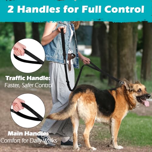 Heavy Duty Tactical Dog Leash, 5 FT Bungee Shock Absorption Leash with 2 Padded Handles, Quick Release Metal Clip, Car Seatbelt, No Pull Training Lead for Large Medium Dogs (Black) - color: Black