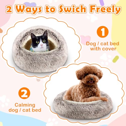 Cinnvoice 2 Pcs Self Warming Cat Beds with Hood, Self Heating Dog Cave Bed, Fluffy Round Covered Pet Pad, Plush Hooded Pet Beds with Non-Slip Bottom for Indoor Cat or Small Middle Dog(Coffee,20 in) - size: 20 In