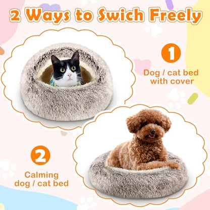Cinnvoice 2 Pcs Self Warming Cat Beds with Hood, Self Heating Dog Cave Bed, Fluffy Round Covered Pet Pad, Plush Hooded Pet Beds with Non-Slip Bottom for Indoor Cat or Small Middle Dog(Coffee,20 in) - size: 20 In