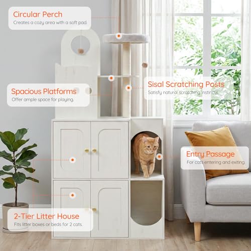 HOOBRO Cat Litter Box Enclosure Furniture for 2 Cats, 2 in 1 Hidden Litter Box Furniture with Sisal Scratching Posts and Dangling Balls, Double Litter Box Cabinet with Cat Tree, Indoor Cat House White