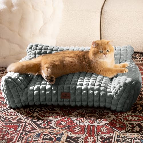 Cute Small Dog Couch Bed – Supportive & Fluffy Pet Sofa with Faux Rabbit Fur Washable Cover in 3D Diamond Pattern, 30" Grey - color: Grey, size: Medium: 30"L x 20"W x 10"Th