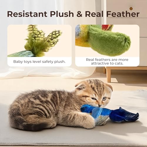 2-pack catnip cat toys that stimulate indoor cats' natural hunting instincts,Interactive plush bird toy with realistic chirping sounds to tease your cat (Brown artificial bird + green artificial bird) - color: Brown artificial bird + green artificial bird