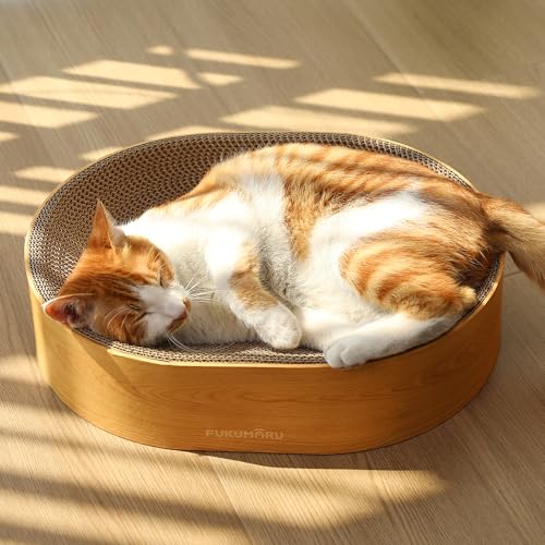 FUKUMARU Cardboard Cat Scratcher Bed, 2-in-1 Oval Cat Scratch Pad, Cats Scratching Board Lounge Bed Indoor, Durable Modern Kitty Scratcher Bowl, Cats Scratch Furniture Protector, Wood Color - color: Wood