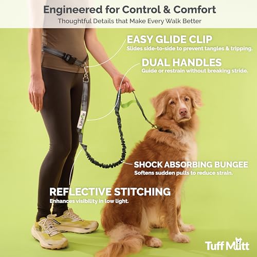 Tuff Mutt Hands-Free Waist Leash for Dog Walking, Running and Hiking, Adjustable Belt with Double Handle, Reflective Bungee Design for Large & Medium Dogs - color: gray/teal