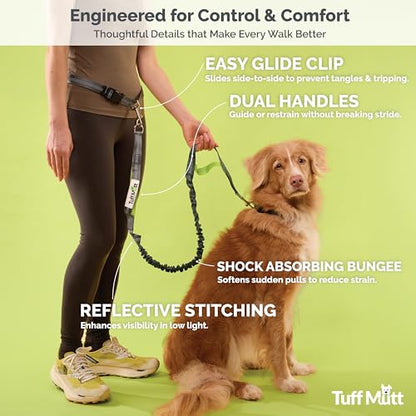Tuff Mutt Hands-Free Waist Leash for Dog Walking, Running and Hiking, Adjustable Belt with Double Handle, Reflective Bungee Design for Large & Medium Dogs - color: gray/teal