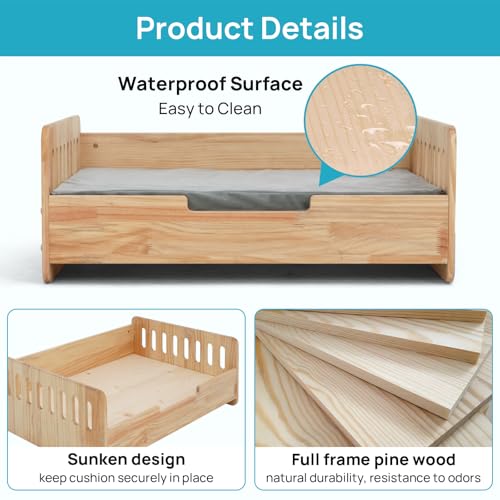 Elevated Dog Bed for Small to Medium Dogs – 32” x 21” Indoor Wooden Pet Sofa with Soft Cushion, Mid-Century Modern Style, Sturdy & Stylish (Natural) - color: Pine Wood