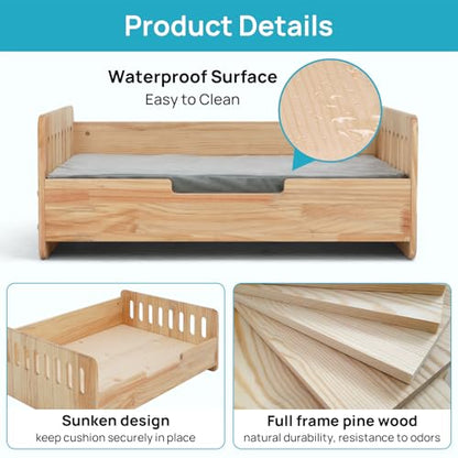 Elevated Dog Bed for Small to Medium Dogs – 32” x 21” Indoor Wooden Pet Sofa with Soft Cushion, Mid-Century Modern Style, Sturdy & Stylish (Natural) - color: Pine Wood