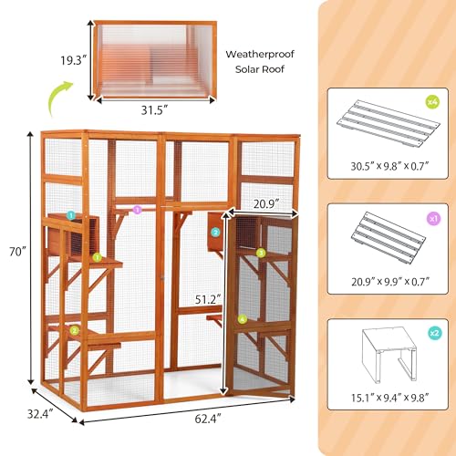 COZIWOW Large Wooden Cat Cage with Perche and Condo, Play Run Enclosure Indoor Kitty Window Kennel with Waterproof Roof&Safety Lock, 7 Platforms & 2 Resting Box, 62.4"L x 32.4"W x 70"H, Deep Orange