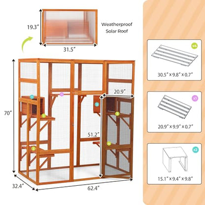 COZIWOW Large Wooden Cat Cage with Perche and Condo, Play Run Enclosure Indoor Kitty Window Kennel with Waterproof Roof&Safety Lock, 7 Platforms & 2 Resting Box, 62.4"L x 32.4"W x 70"H, Deep Orange
