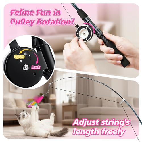 Pawaboo Cat Teaser Wand Toys, Cat Fishing Pole Toy with 3 Pack Feather Refills, 3-Section Retractable Kitten Feather Toys with Pulley, Indoor Cats Teaser Catcher Exerciser with Bell, Rose Red + Pink - color: Plush-Pink
