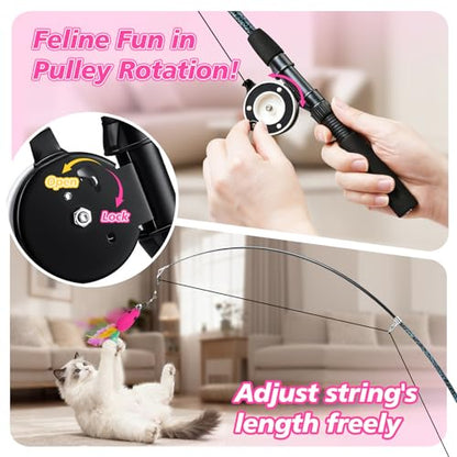 Pawaboo Cat Teaser Wand Toys, Cat Fishing Pole Toy with 3 Pack Feather Refills, 3-Section Retractable Kitten Feather Toys with Pulley, Indoor Cats Teaser Catcher Exerciser with Bell, Rose Red + Pink - color: Plush-Pink