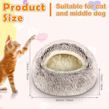 Cinnvoice 2 Pcs Self Warming Cat Beds with Hood, Self Heating Dog Cave Bed, Fluffy Round Covered Pet Pad, Plush Hooded Pet Beds with Non-Slip Bottom for Indoor Cat or Small Middle Dog(Coffee,20 in) - size: 20 In