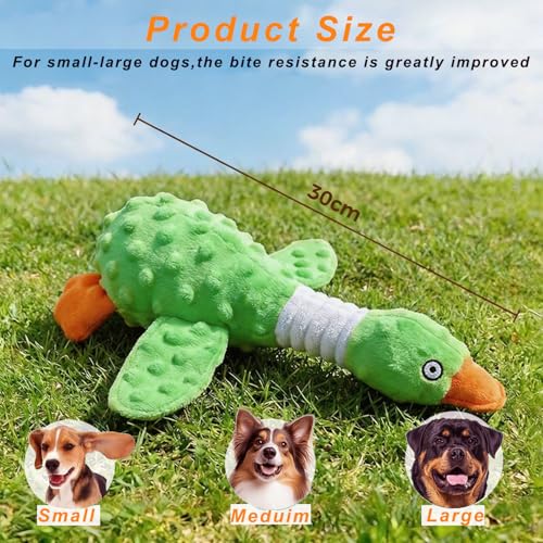 Squeaky Dog Toys for Aggressive Chewers, Durable Stuffed Animal Plush Dog Toy with Soft Fabric for Large, Medium & Small Dogs, Interactive Puppy Chew Toy for Teething, Crinkle Duck Dog Toy - Green - color: GREEN