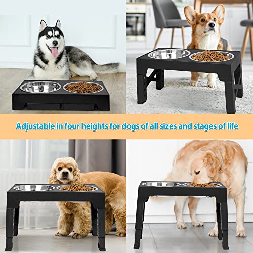 Niubya Elevated Dog Bowls with 2 Stainless Steel Dog Food Bowls, Raised Dog Bowl Adjusts to 5 Heights (3.15", 8.66", 9.84",11.02", 12.2") for Small Medium and Large Dogs - color: Black
