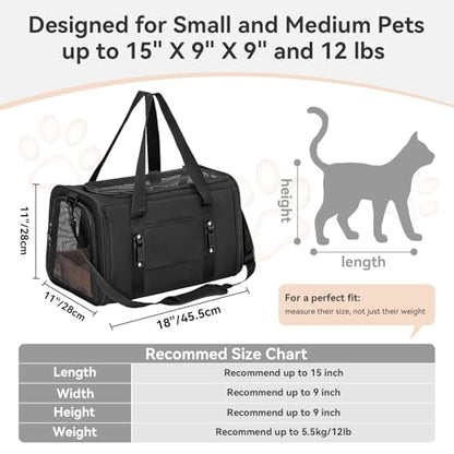 PETSFIT Soft-Sided Cat Carrier with Patented Safety Buckles, Lockable Zippers & Safety Tether,Escape-Resistant Travel Pet Carrier for Car Rides & Vet Visits, Airline Approved Under-Seat, Up to 12 lbs - color: Black, size: Medium
