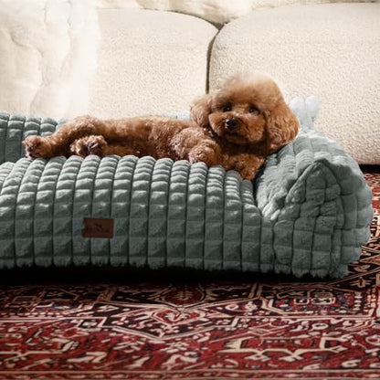 Cute Small & Medium Dog Couch Bed – Supportive & Fluffy Pet Sofa with Faux Rabbit Fur Washable Cover in 3D Diamond Pattern, 36" Grey - color: Grey, size: Large: 36"L x 27"W x 10"Th