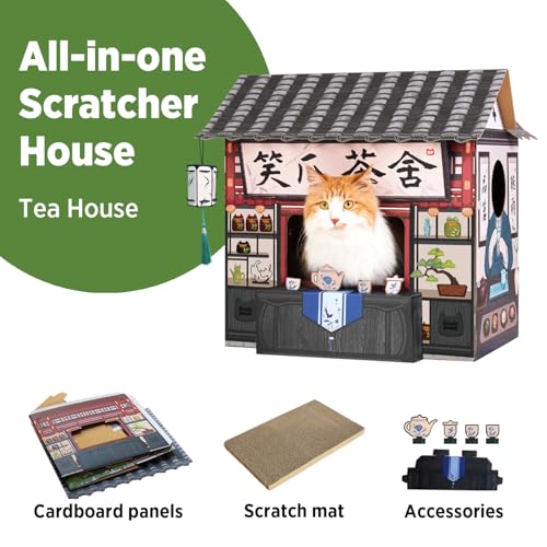 SMILE PAWS Cat Beds for Indoor Cats, Cardboard House with Scratchers, Tea House, Large Sturdy Cat Furniture Condo Cave Tent, Easy to Assemble Pet Toys Accessories Stuffs, Bunny Small Animals - style: Tea House