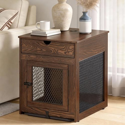 Dog Crate Furniture,Wooden Dog Crate End Table with Storage Drawer&Cushion&Tray, QC3.0 Wireless Charging,Dual USB,Small Dogs Rustic Style - color: Rustic Brown, size: 25.0"L x 19.0"W x 24.0"H