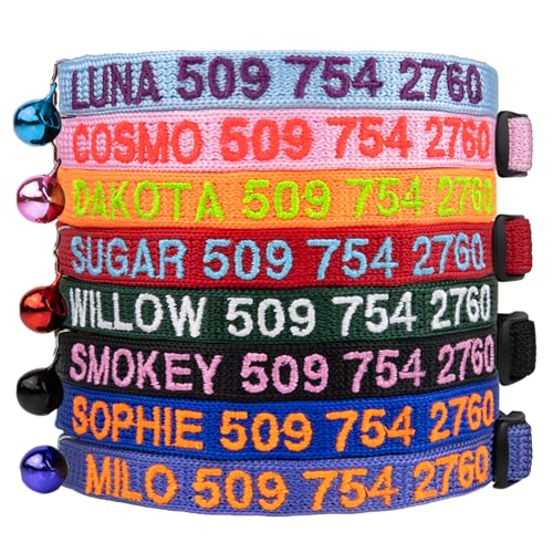 GoTags Personalized Cat Collars with Breakaway Safety Release Buckle, Custom Embroidered Cat Collar with Pet Name and Phone Number, Adjustable Nylon ID Collar with Bell for Cat or Kitten (Pack of 1)