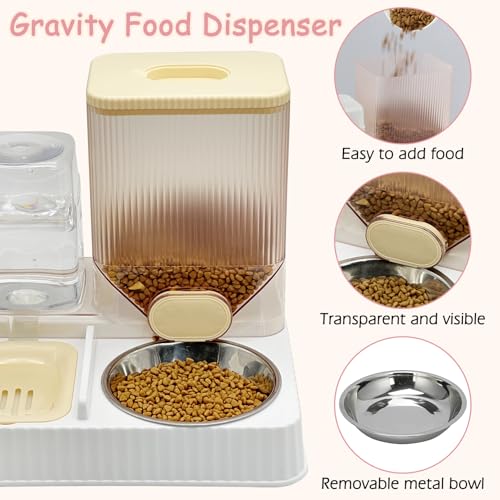Fhiny Gravity Cat Feeder & Water Dispenser, 2 in 1 Automatic Puppy Waterer Removable Stainless Steel Food Bowls Set Self Feeding Pet Food Storage for Cat Kitten Puppy Easy Clean (Yellow) - color: Yellow-Metal Bowl