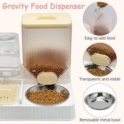 Fhiny Gravity Cat Feeder & Water Dispenser, 2 in 1 Automatic Puppy Waterer Removable Stainless Steel Food Bowls Set Self Feeding Pet Food Storage for Cat Kitten Puppy Easy Clean (Yellow) - color: Yellow-Metal Bowl