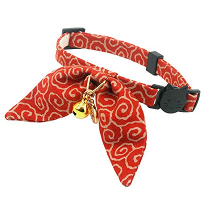 Bunny Ears Cat Collar, Japan Lucky ‘開三運’ Charm. Safety Breakaway Bowtie Kitten Collar with Bell, Red - color: Red