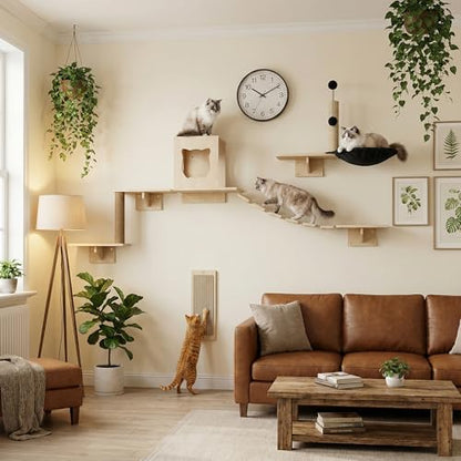 Cat Wall Shelves, Modern Wall-Mounted Cat Furniture Includes House, Bridge, Steps, Scratcher, Perch & Lounge for Indoor Cats, Space-Saving Wall Mounted Cat Shelves for Play & Rest - size: 6-in-1 Cat Shelves