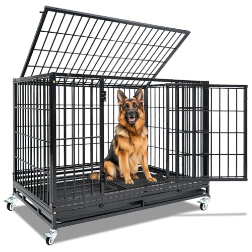 Homey Pet Heavy Duty Dog Crate for Large Dogs, 47 Inch Stackable Large Dog Cage with 4 Wheels, 2 Removable Trays and Grids, Multi Locks Strong & Solid Escape Proof Dog Kennel Indoor - size: 46.5"L x 28.5"W x 35"H